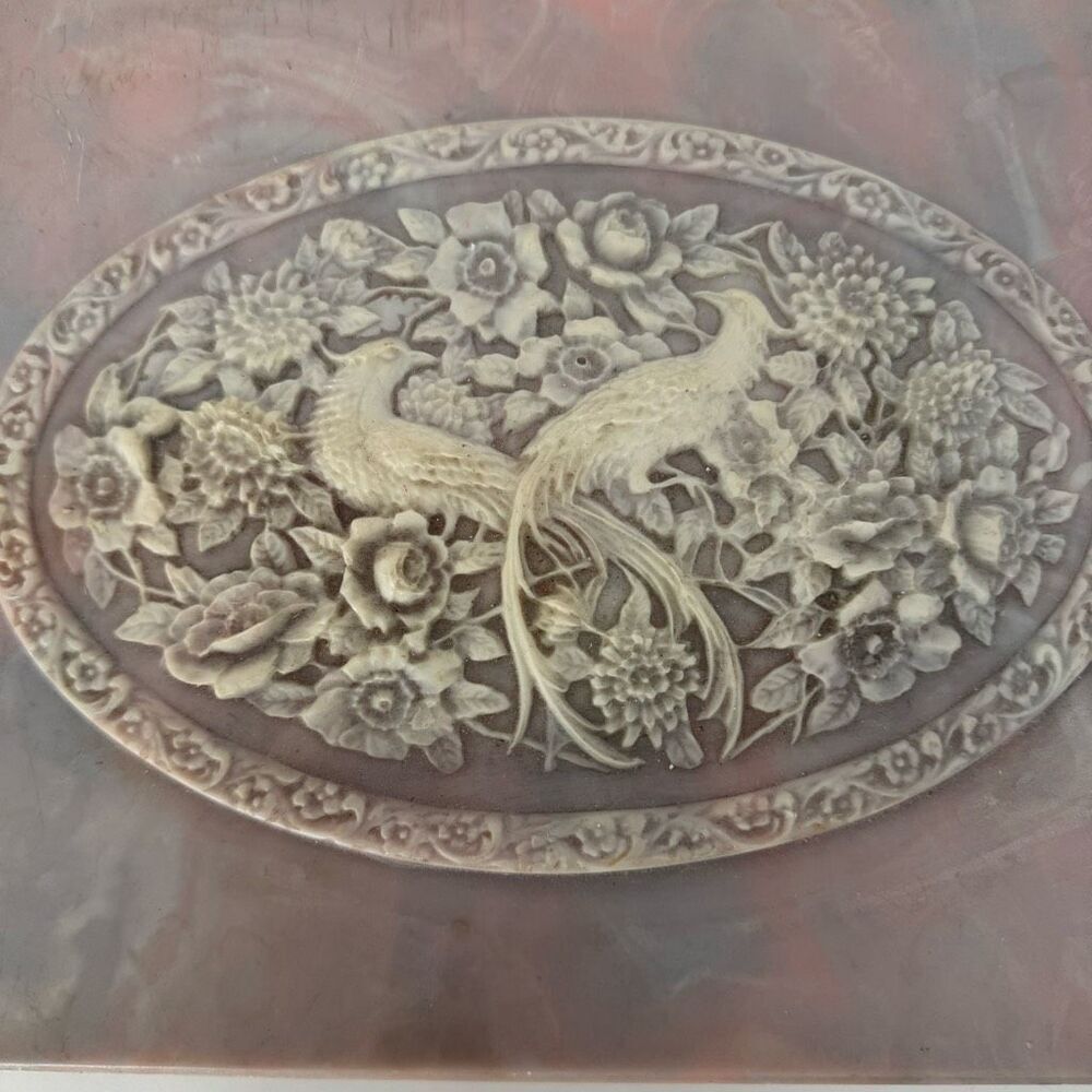 Vtg Hand Carved Stone Decorative Jewelry Box Ornate Peacock Floral Motif Large - Picture 11 of 12